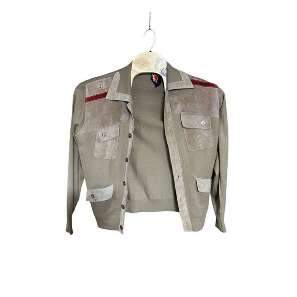 L’Uomi For Michelangelo  Vintage  Large (L) Tan Leather Suede Red Shirt Sweater - Picture 1 of 5